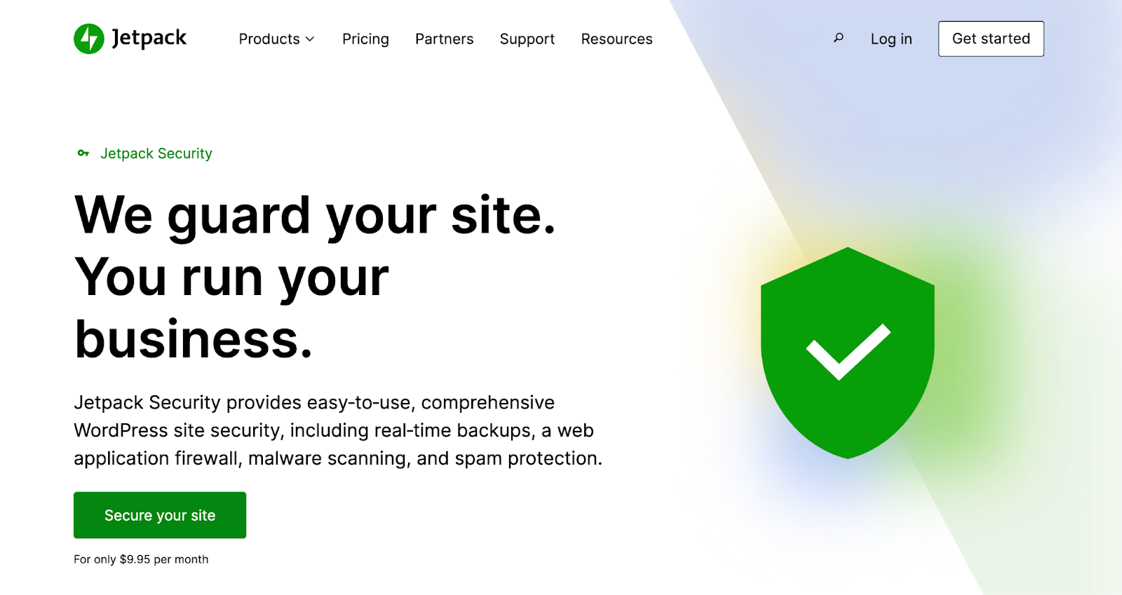 Jetpack Security plugin homepage hero section with title, paragraph, and 'secure your site' button.