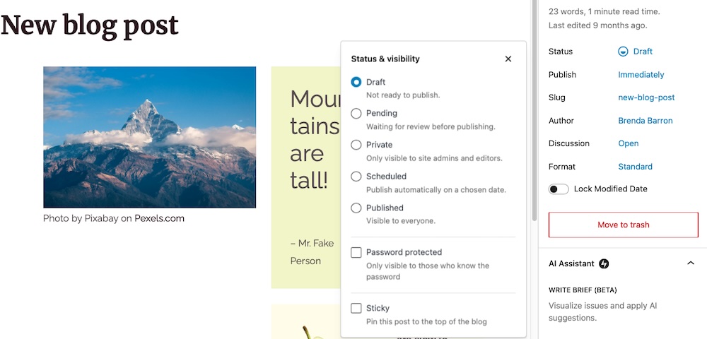 changing the page status in WordPress