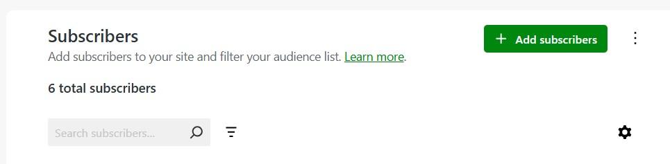 Jetpack Newletter subscriber options allowing you to view, search, or add subscribers. 