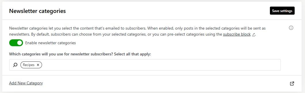 Jetpack Newsletter categories option enabling recipe posts to be sent to subscribers only.