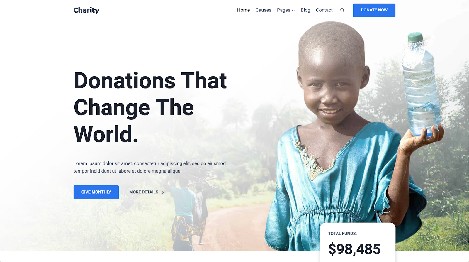 Kadence Theme example homepage hero section with title, paragraph, and 'give monthly' button.