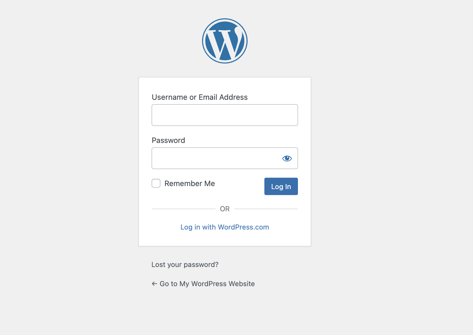 WordPress login page with fields for username and password
