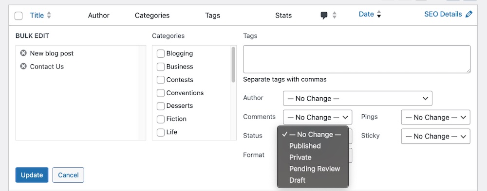 changing a page status using bulk edit tools