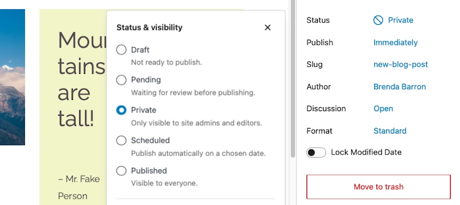 changing a page status to Private