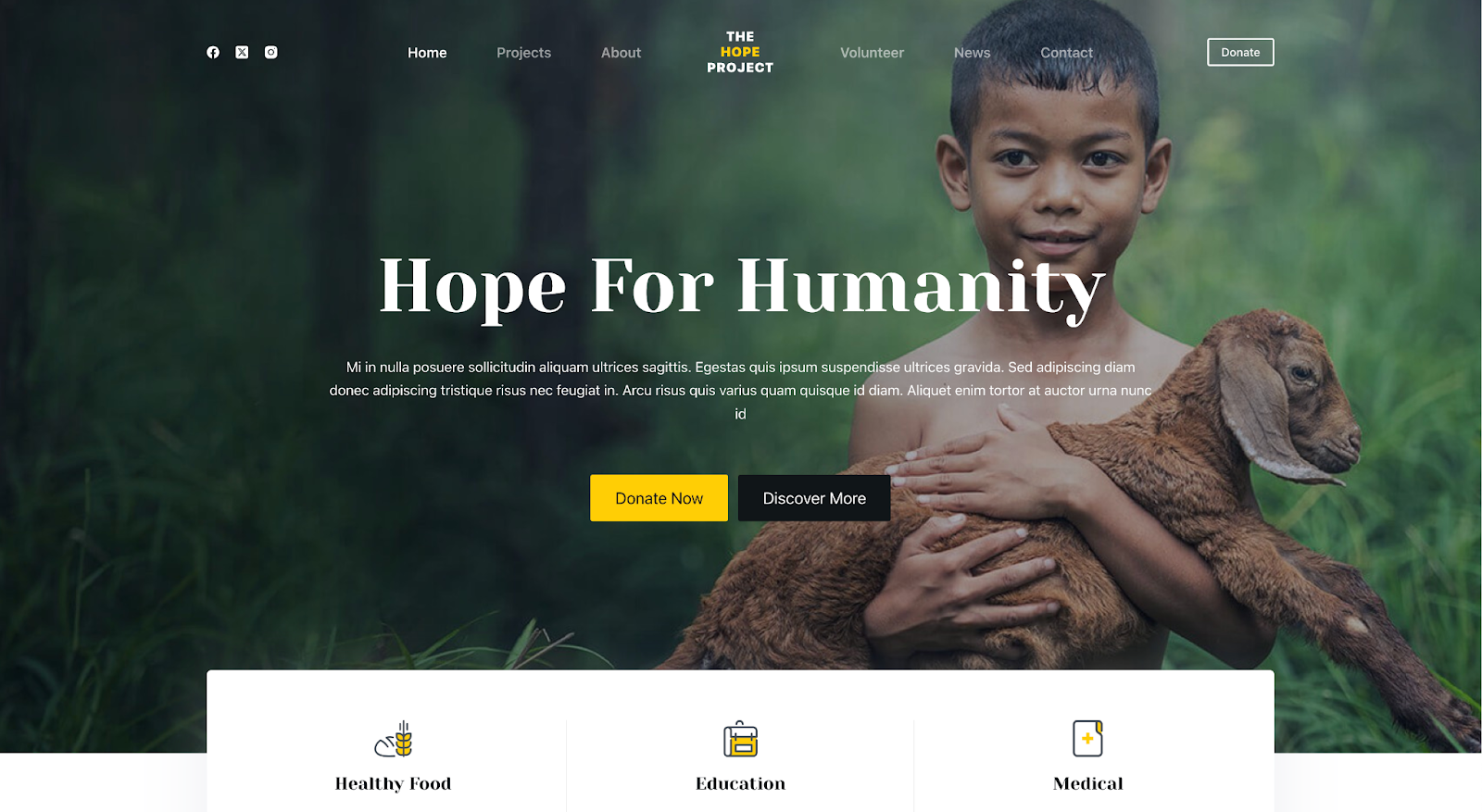 Blocksy Theme example homepage hero section with title, paragraph, and 'donate now' button.