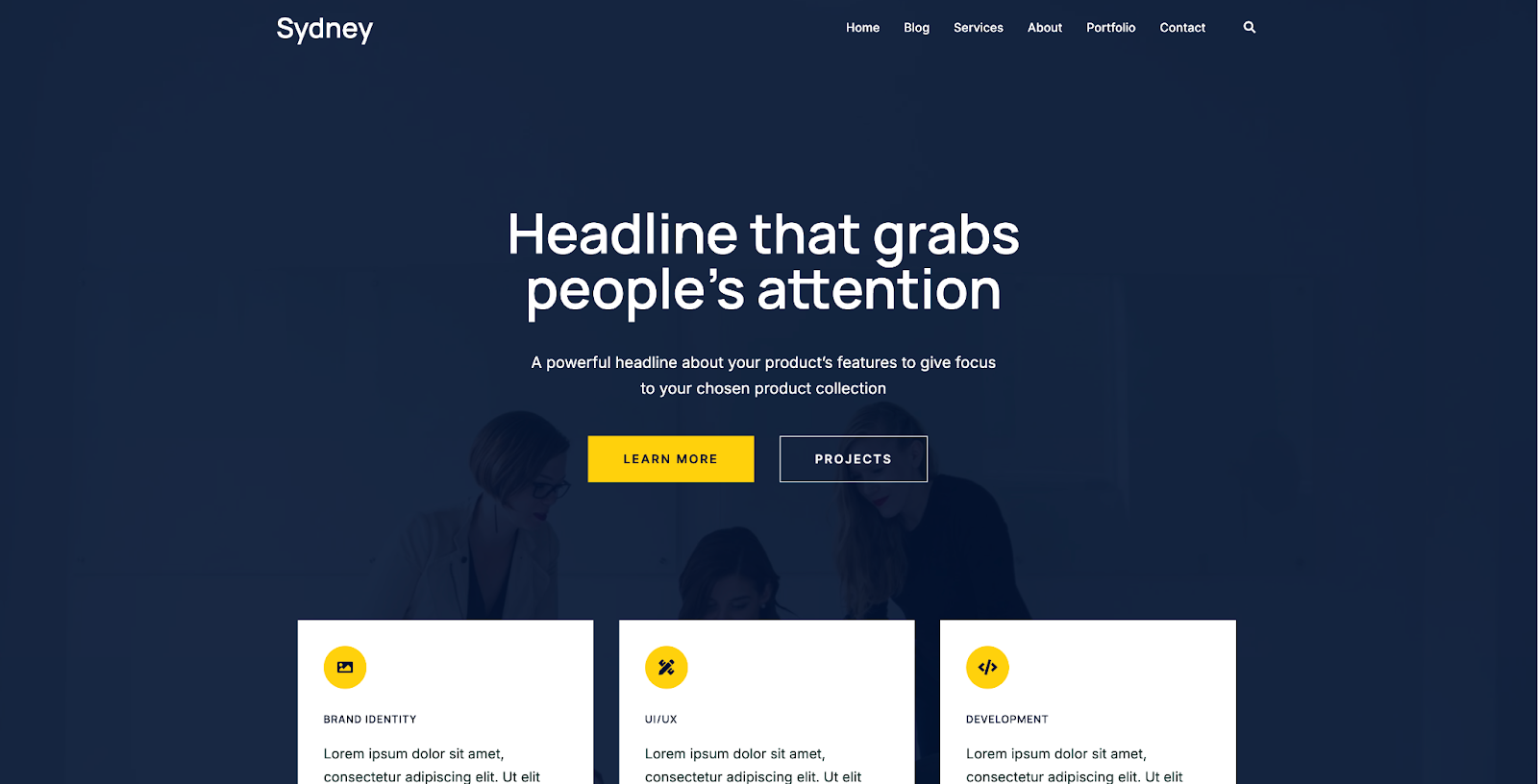 Sydney Theme homepage hero section with title, paragraph, and 'learn more' button.