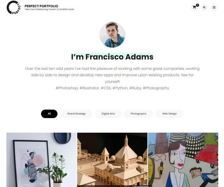 Example of a site built with the Perfect Portfolio WordPress theme with an artist message and a three column image gallery.