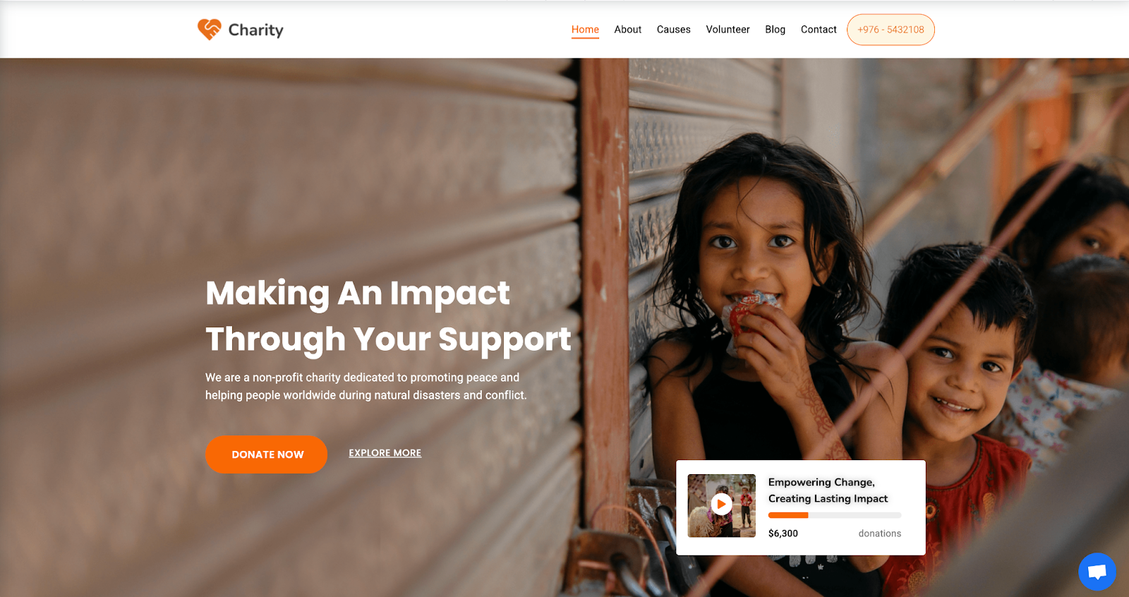 Zakra Theme example homepage hero section with title, paragraph, and 'donate now' button.