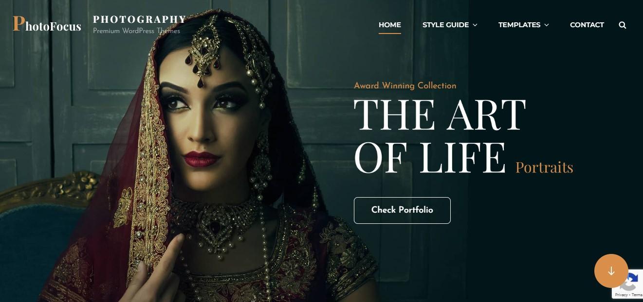 Example of a site built with the PhotoFocus WordPress theme with a full screen hero section including a title, call to action, and background image.