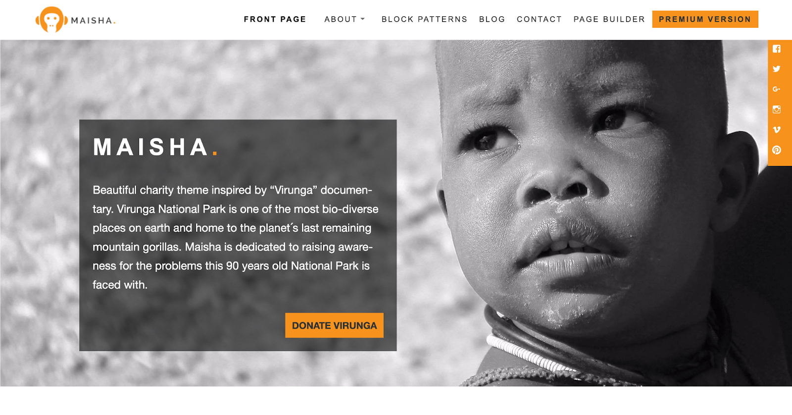 Maisha Theme example homepage hero section with title, paragraph, and 'donate virunga' button.