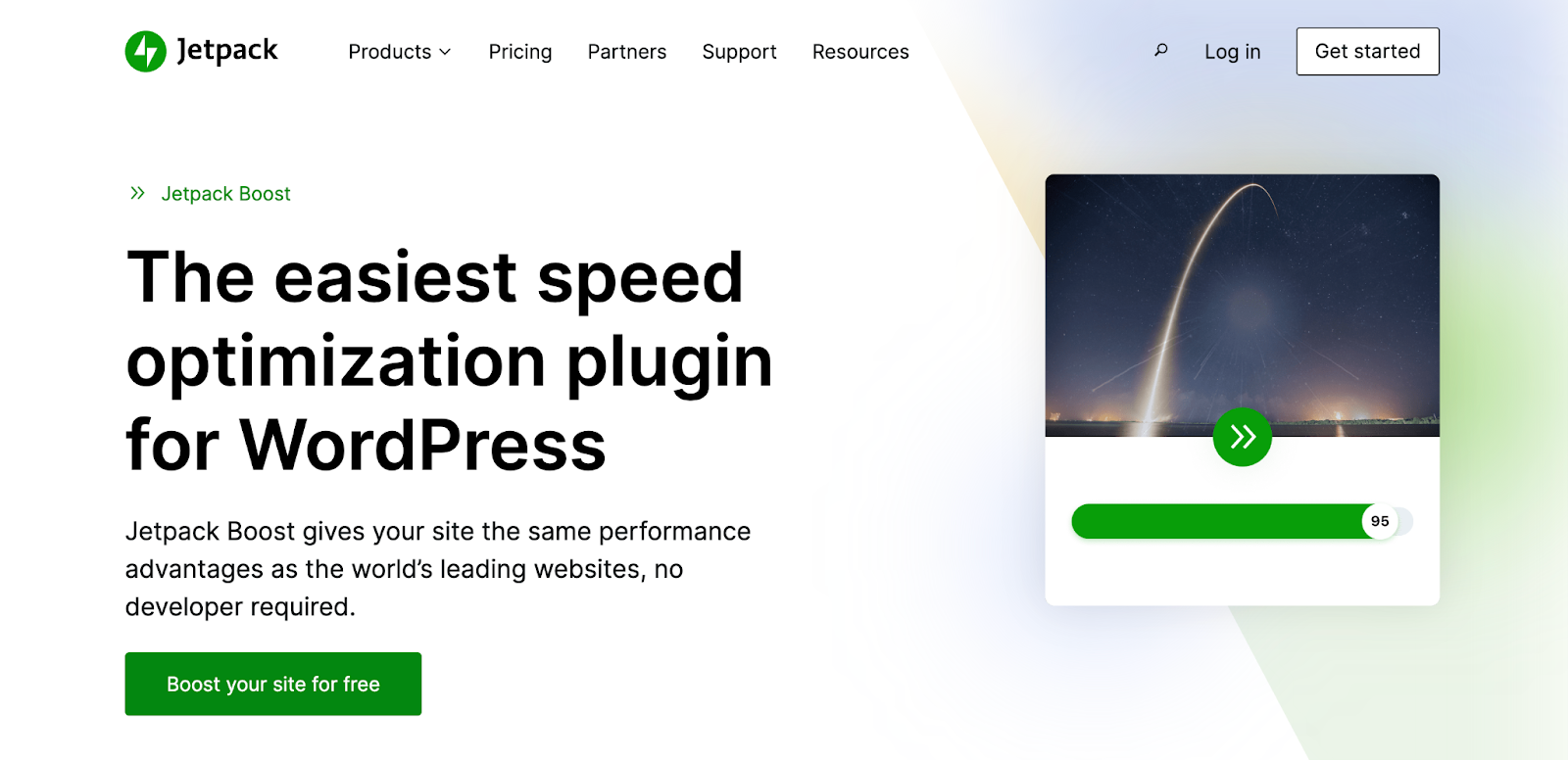 Jetpack Boost plugin homepage hero section with title, paragraph, and 'boost your site for free' button.