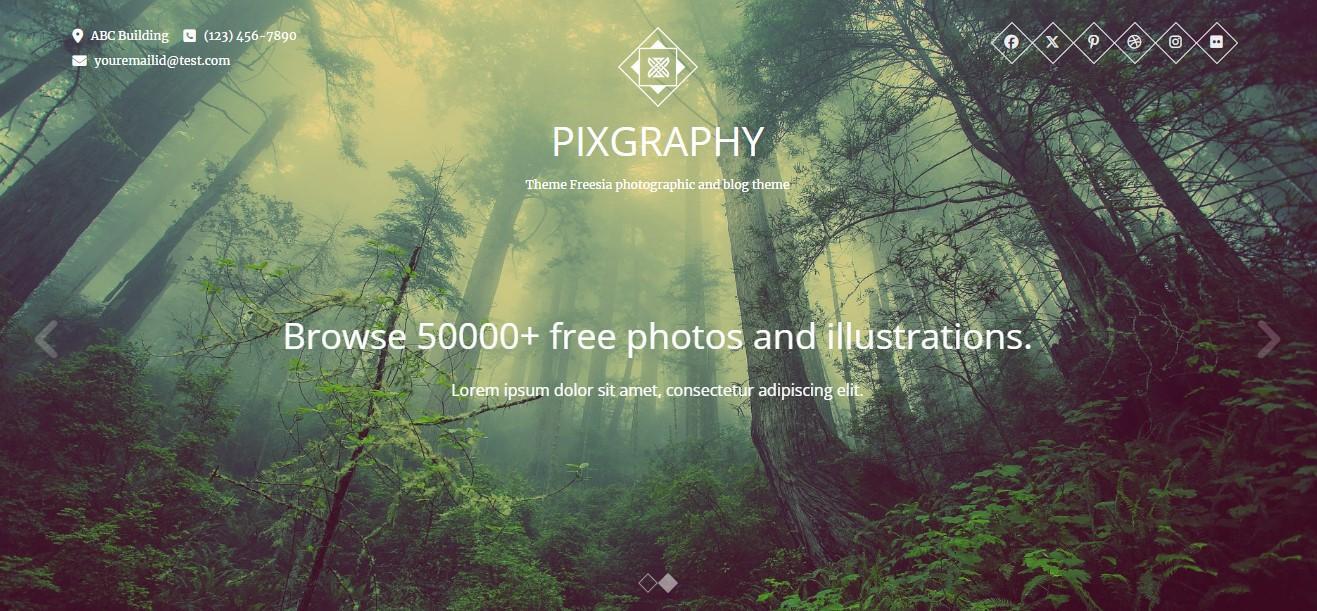 Example of a site built with the Pixgraphy WordPress theme with a full screen hero section including a title and background image.