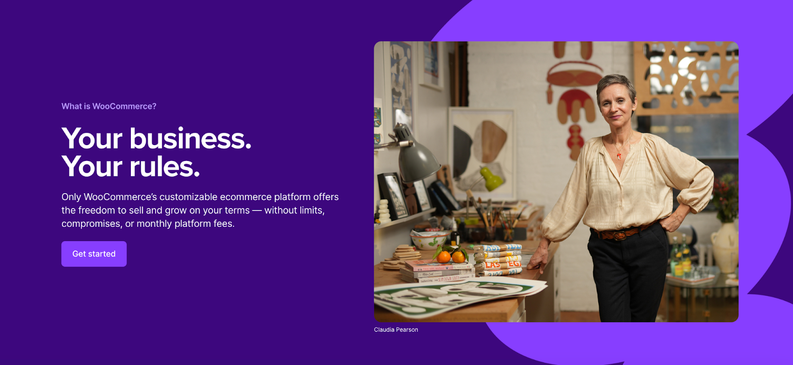 WooCommerce call out section of a web page with a title, subtitle, paragraph, and a 'get started' button.