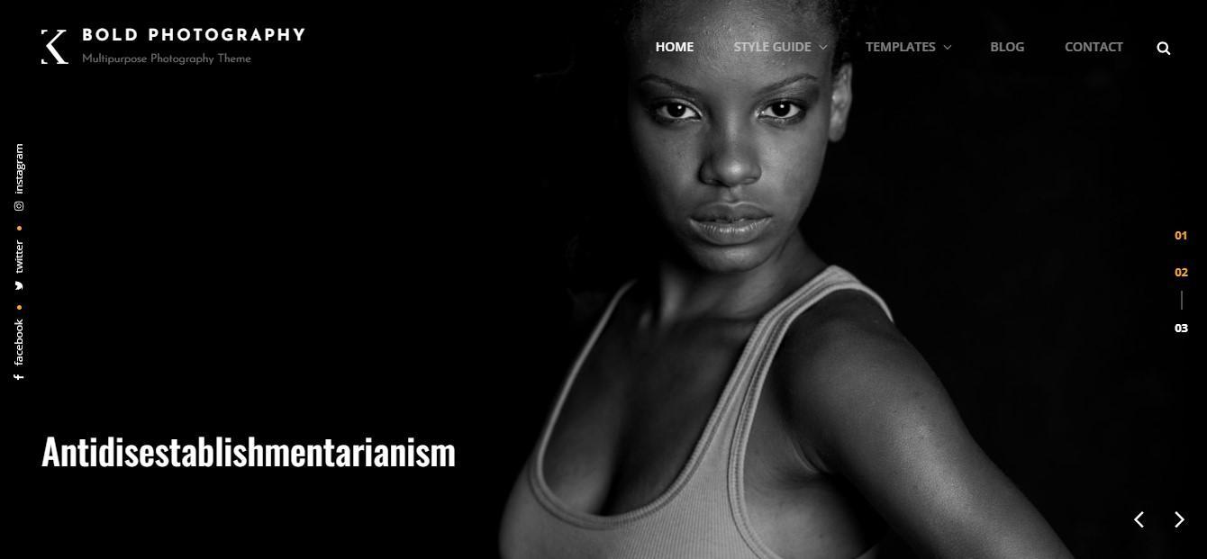 Example of a site built with the Bold Photography WordPress theme with a full screen hero section including a title and background image.