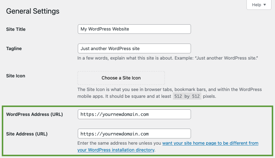settings for WordPress address and site address