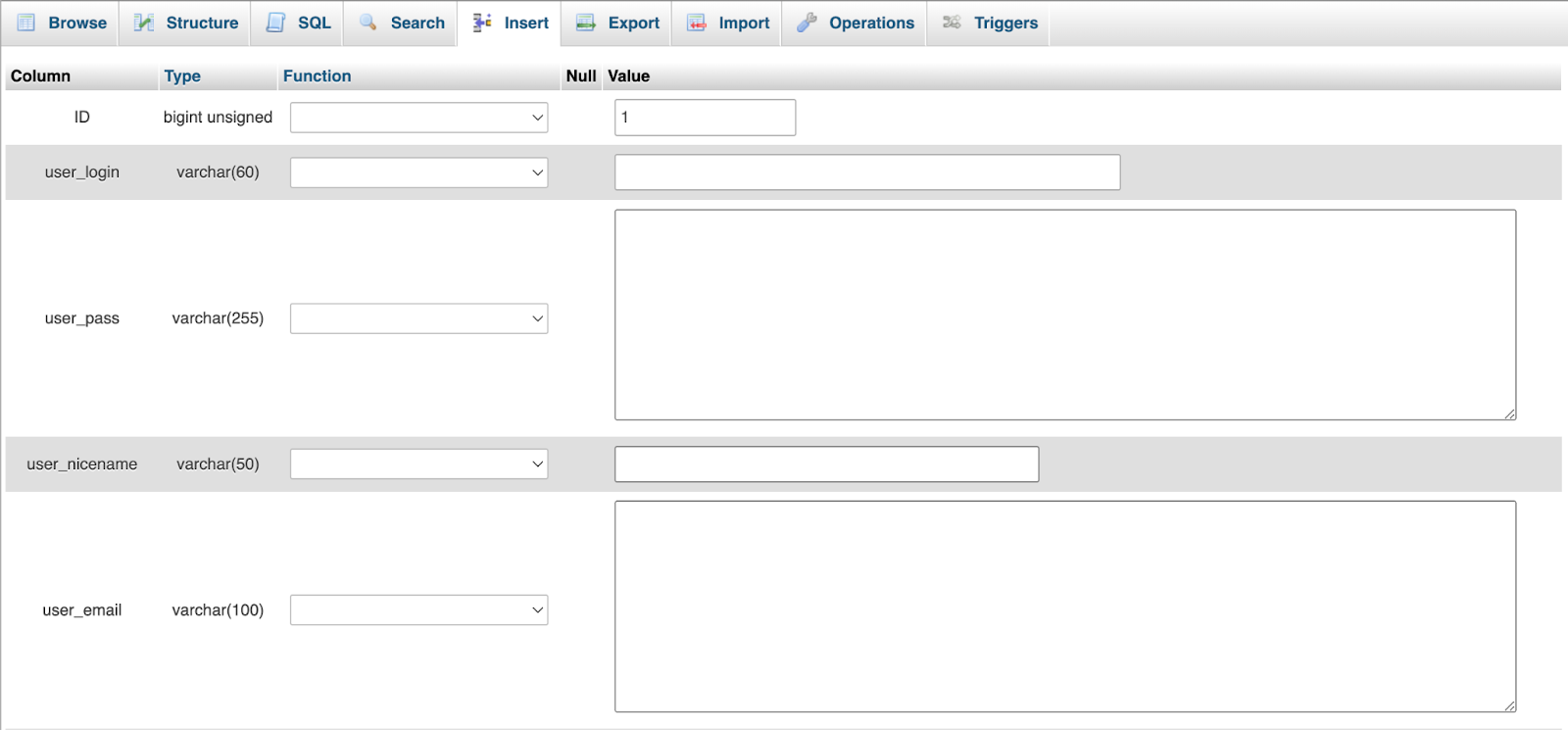 editing fields in phpmyadmin