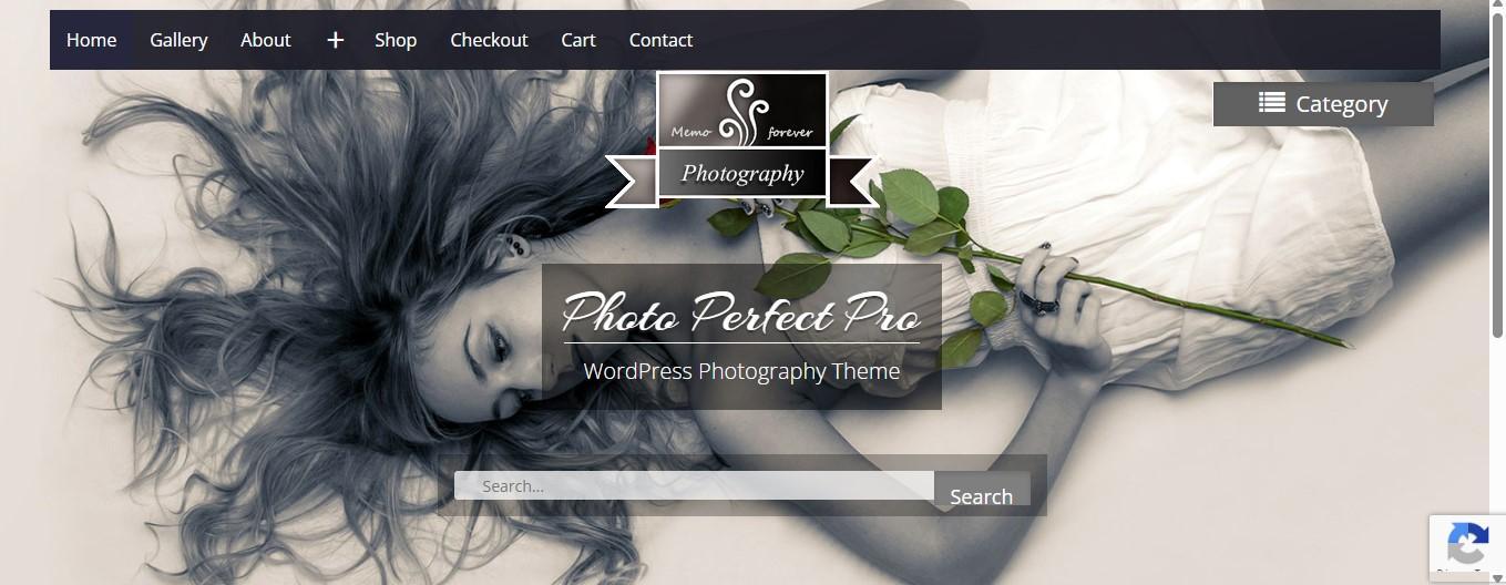 Example of a site built with the Photo Perfect WordPress theme with a full screen hero section including a title, search bar, and background image.