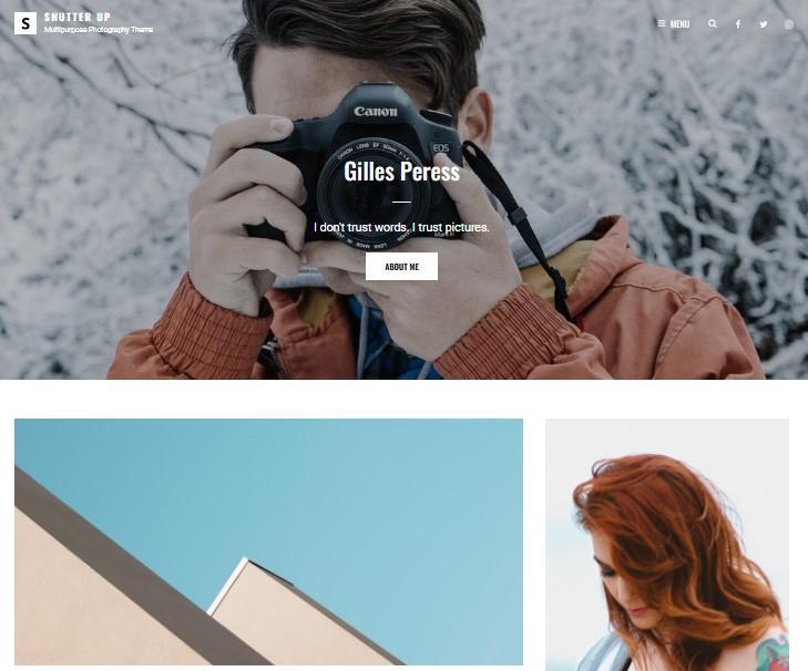 Example of a site built with the Shutter Up WordPress theme with a hero section and two column image grid.