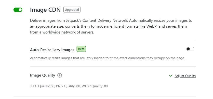 Jetpack Boost's Image CDN settings with CDN enabled and resize/quality options.