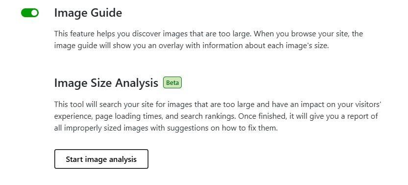 Jetpack Boost's Image Guide settings enabled and size analysis option available in beta.