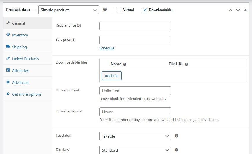 Woocommerce product data setting for a simple product with standard fields available.