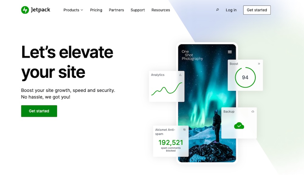 Jetpack homepage with the text "let's elevate your site"