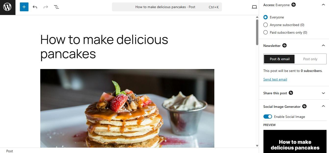 Jetpack Newsletter option form the block editor of a post with options to email the post to subscribers or not.