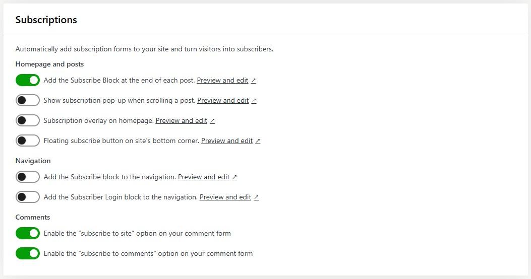 Jetpack Newsletter Subscription options in the Jetpack options dashboard with only a few options enabled.