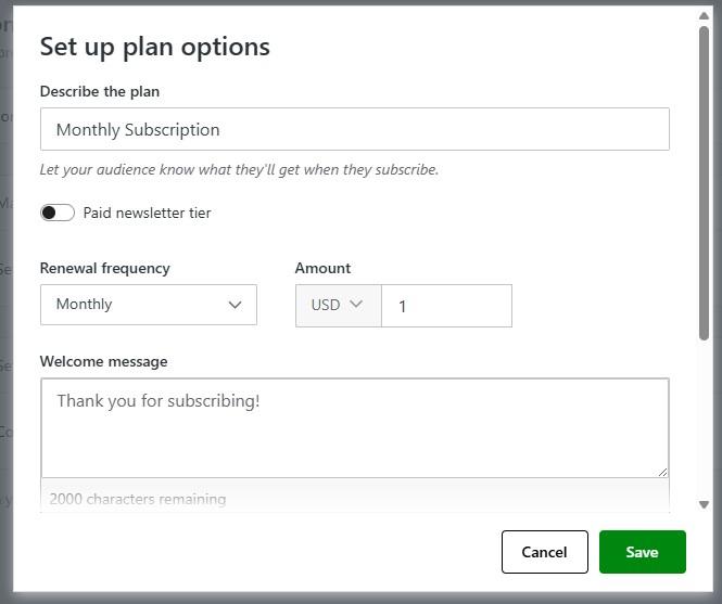 Jetpack Newsletter plan options configuration within the WP dashboard.