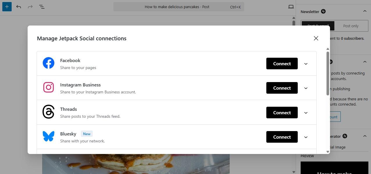 Jetpack Social cross posting to social platform options straight from the block editor.