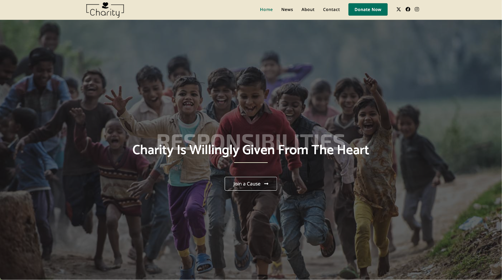 OceanWP Theme example homepage hero section with title and 'join a cause' button.