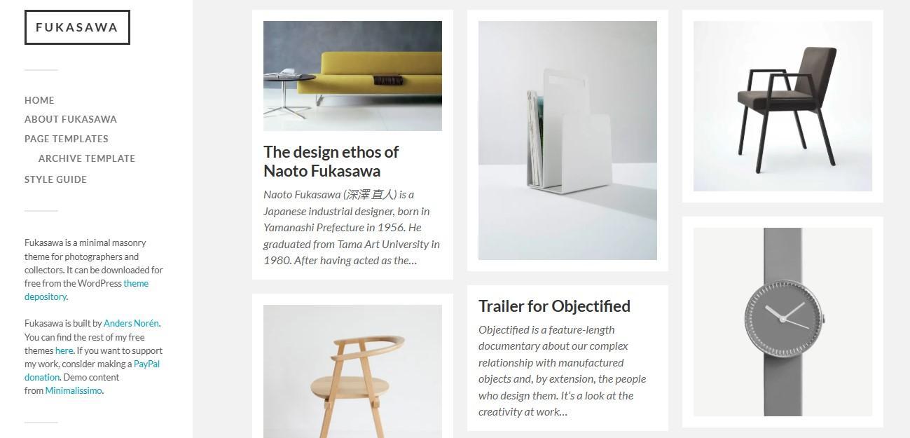Example of a site built with the Fukasawa WordPress theme with a three column image gallery.