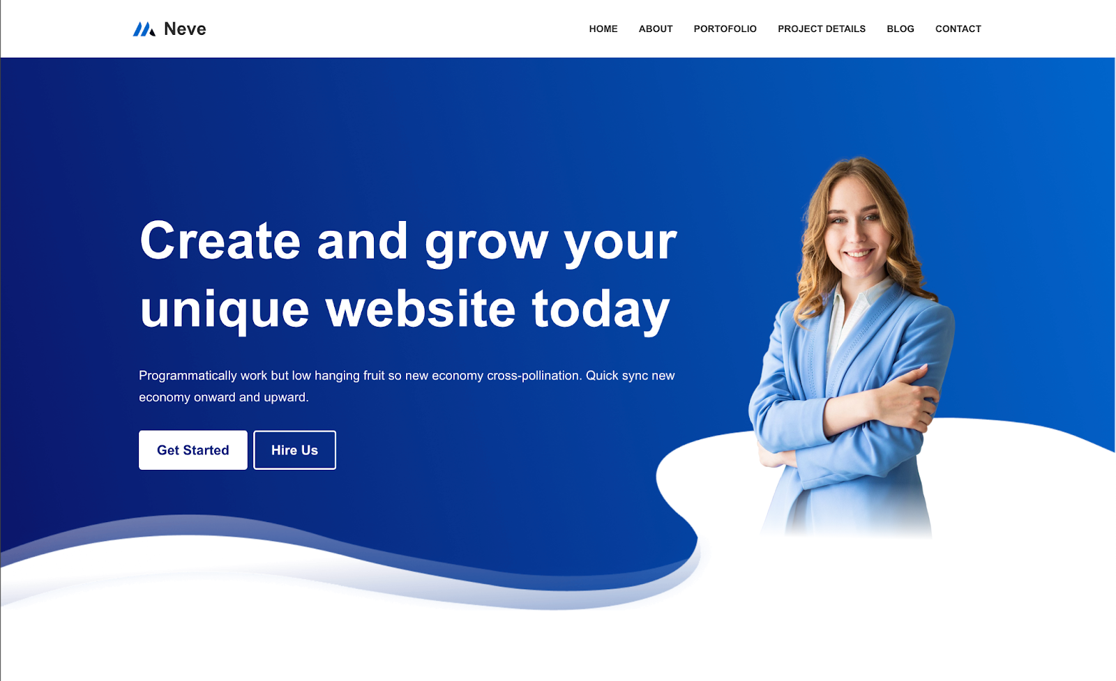 Neve Theme homepage hero section with title, paragraph, and 'get started' button.