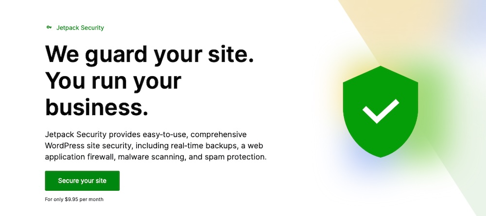 Jetpack Security homepage with the text "We guard your site."