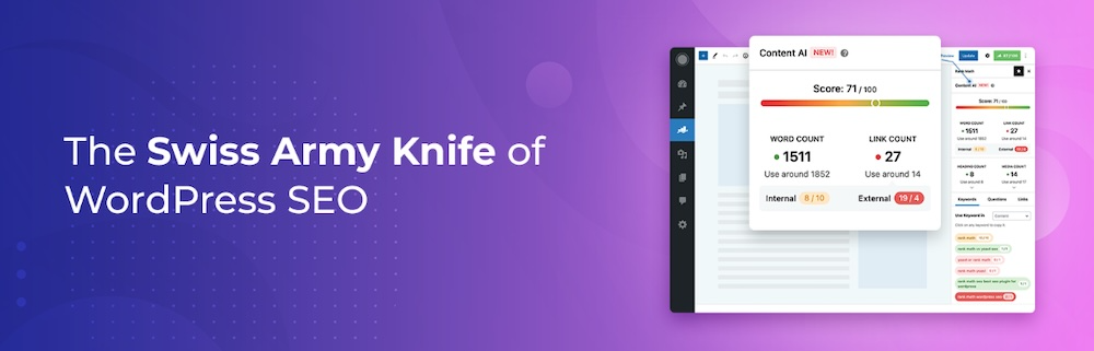 Rank Math homepage with the text "The Swiss Army Knife of WordPress SEO"