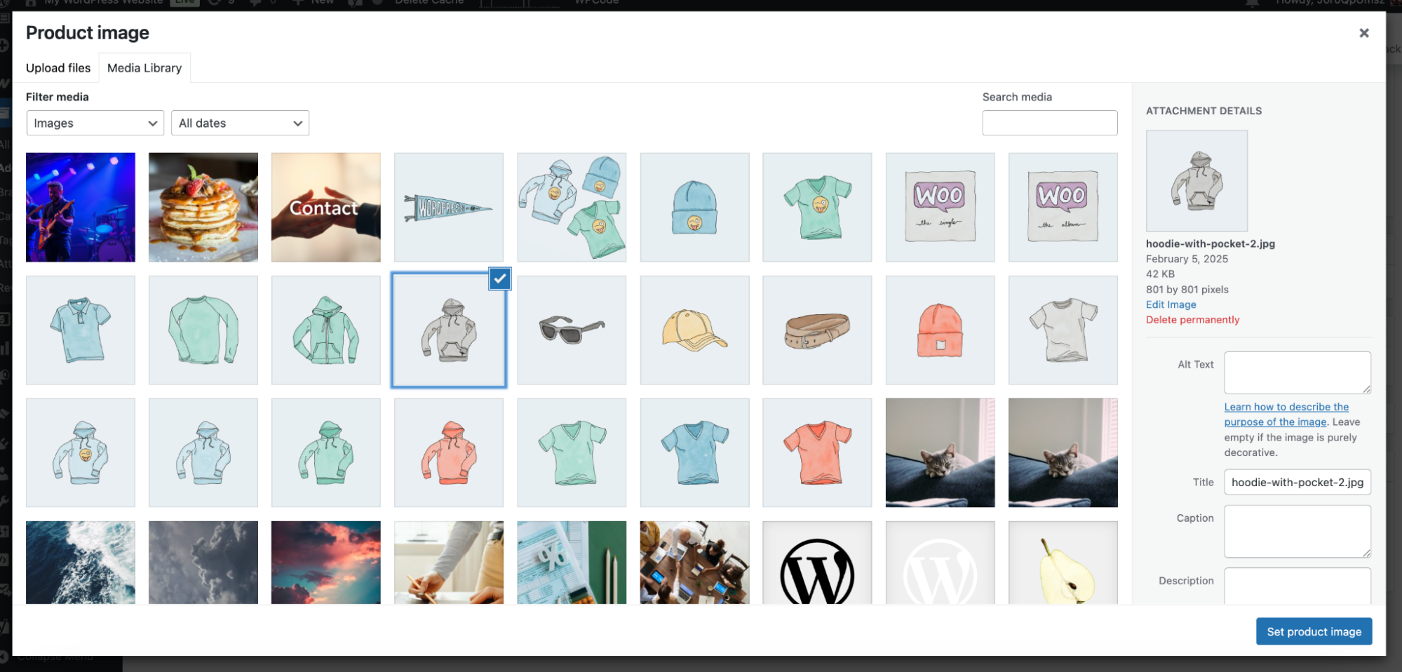WordPress media library image selection making a selection for default product image. 
