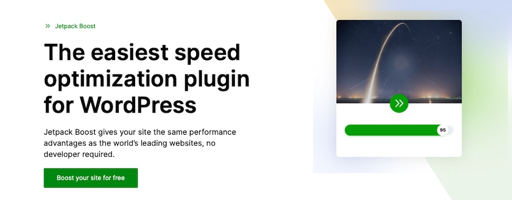 Jetpack Boost homepage with the text "the easiest speed optimization plugin for WordPress"