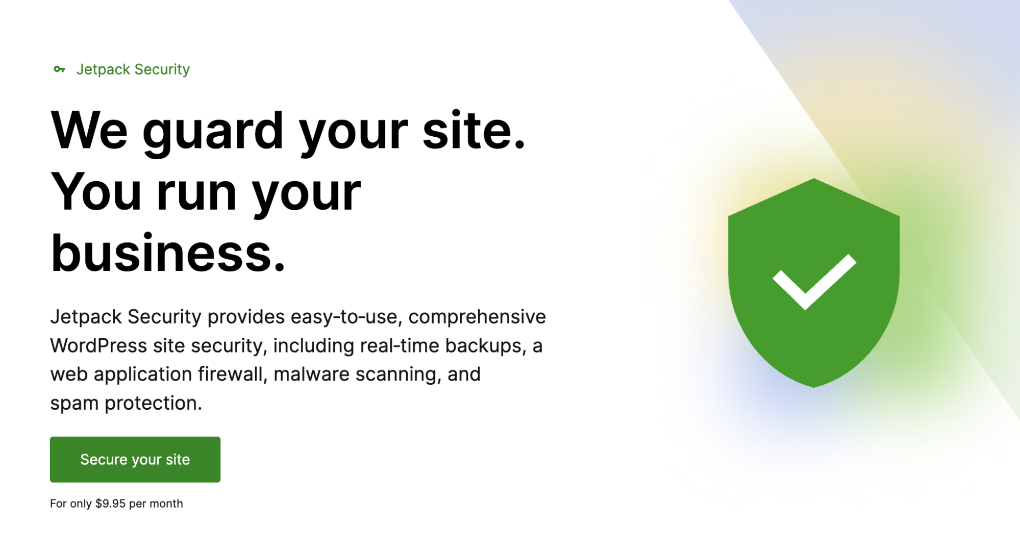 Jetpack Security homepage hero section with title, paragraph, image, and "Secure your site" call to action.