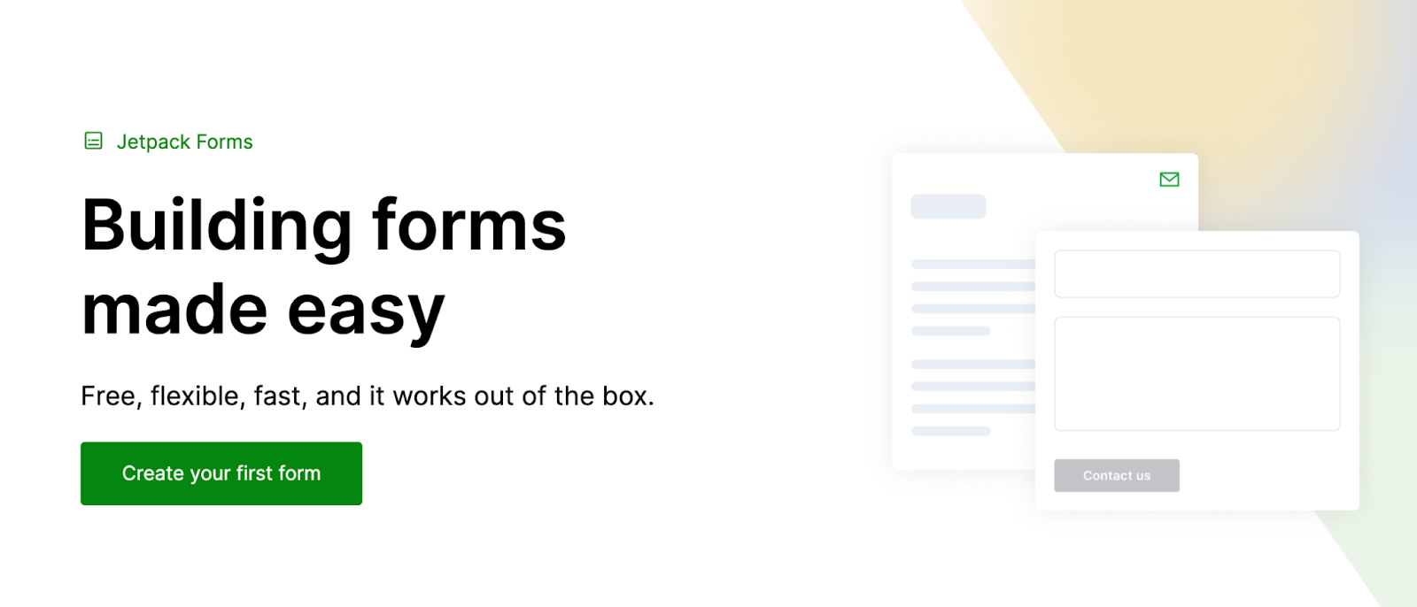 Jetpack Forms page with the text "building forms made easy"