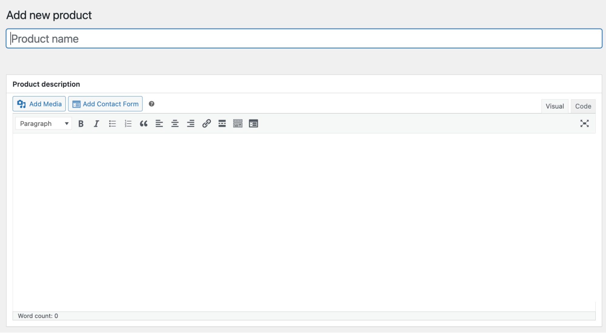 WooCommerce product post type's add new product screen showing fields for product name and description.