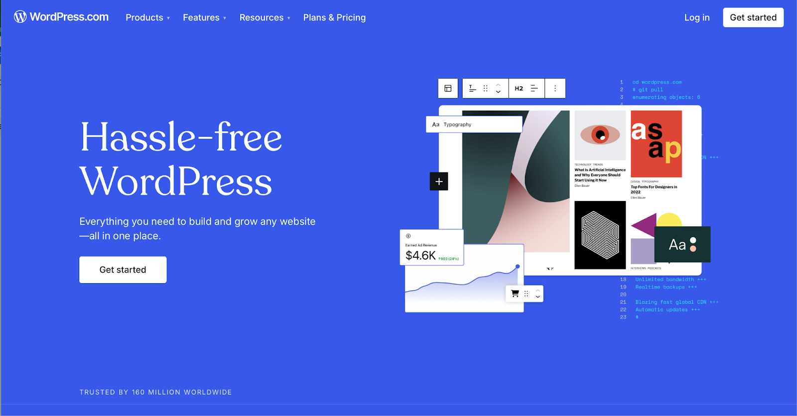 WordPress.com homepage with the text "Hassle-free WordPress"