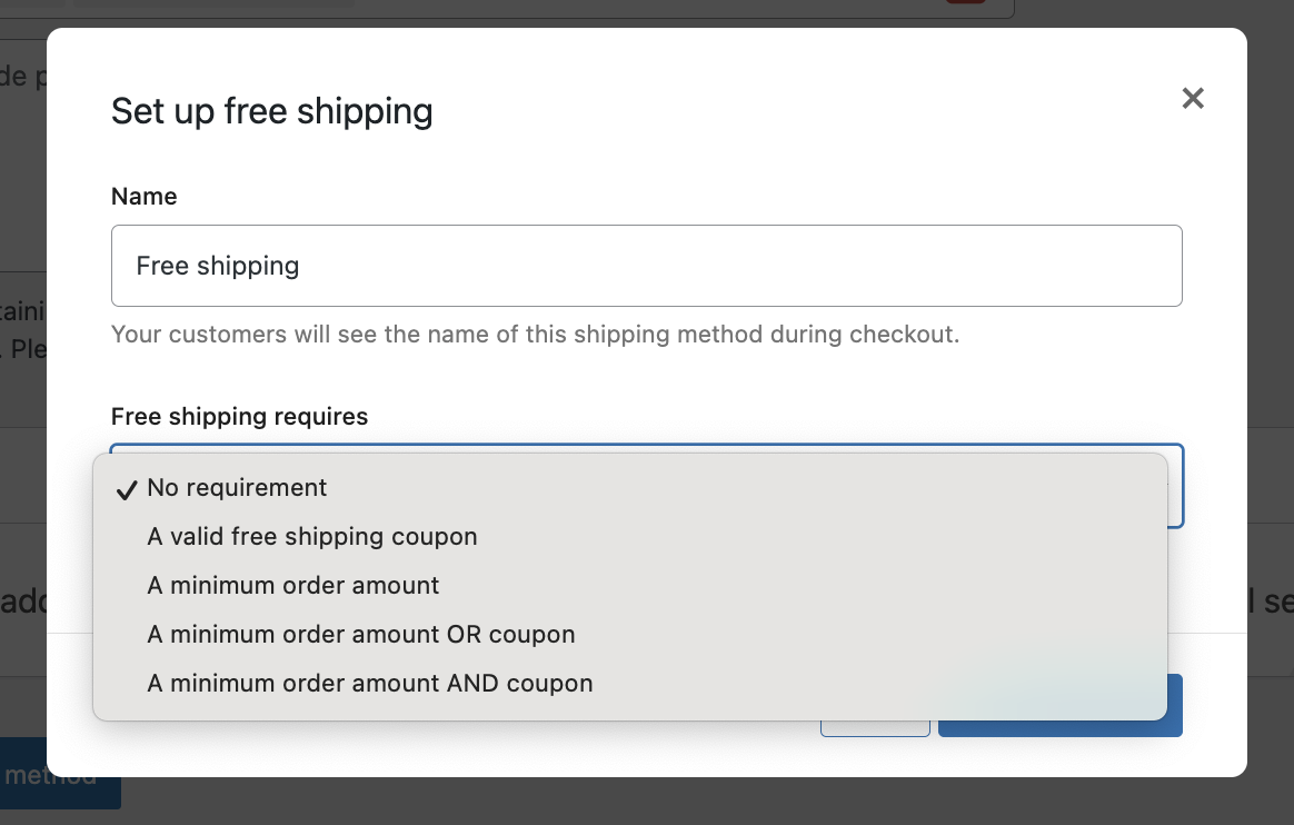 Woocommerce payment settings from within the WordPress admin dashboard showing the "set up free shipping" option.