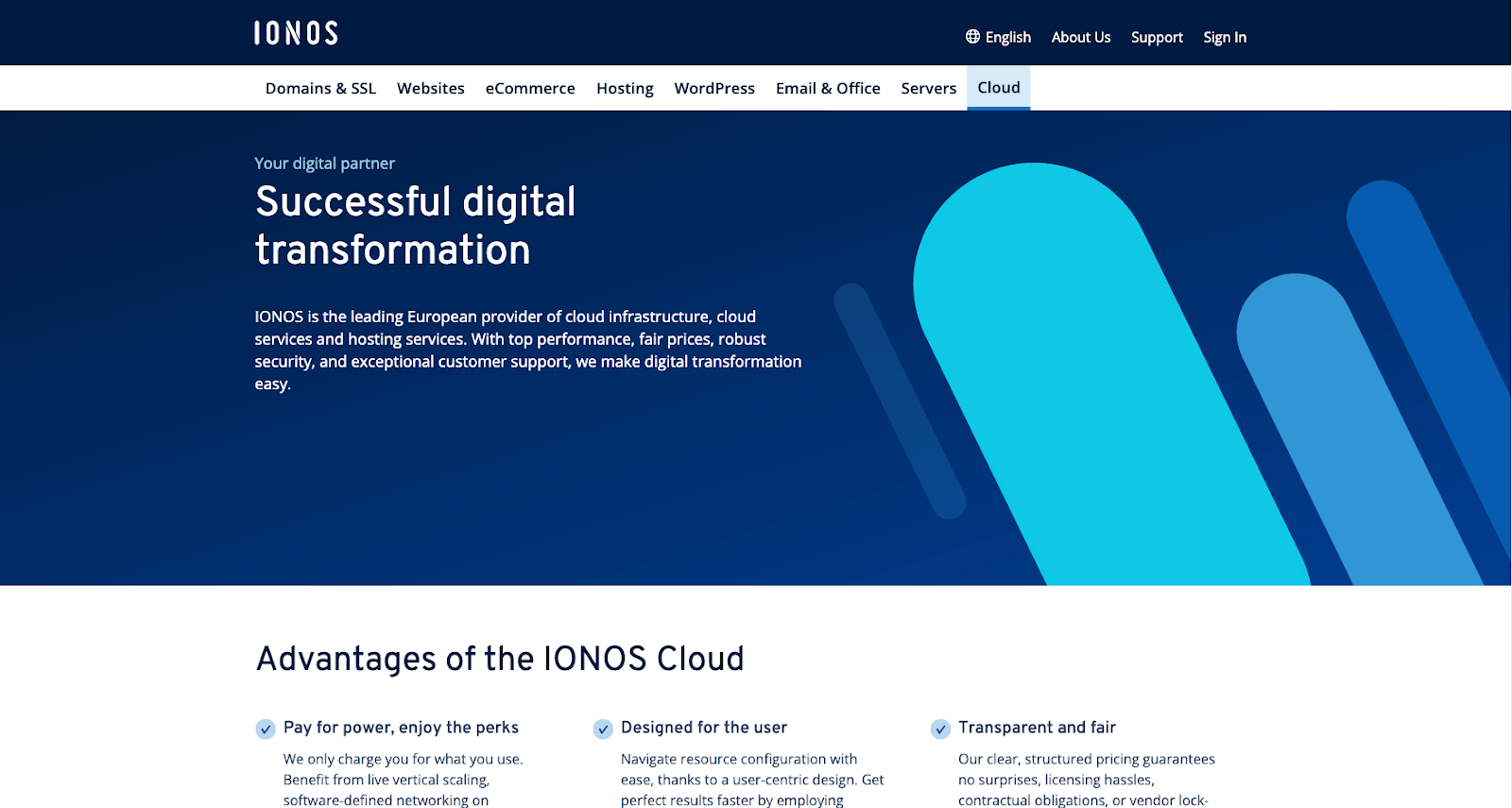 Ionos homepage with a list of advantages and benefits