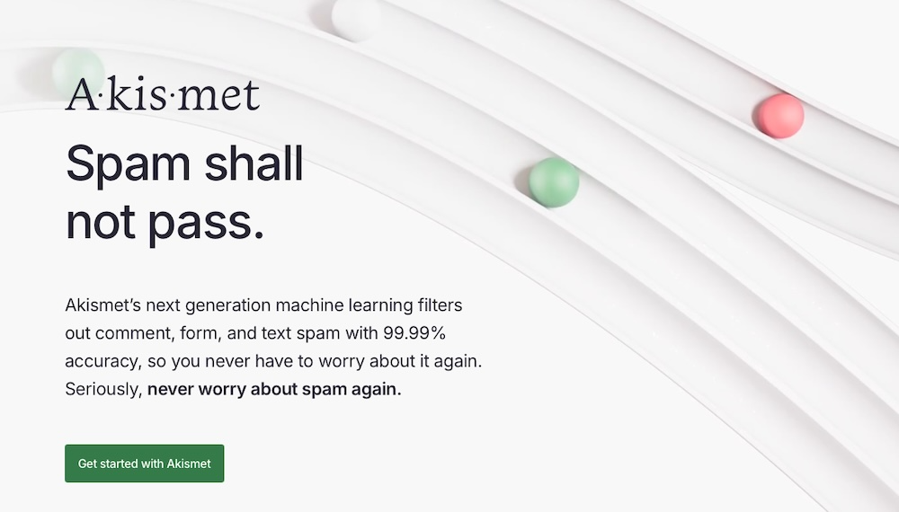 Akismet homepage with the text "Spam shall not pass"