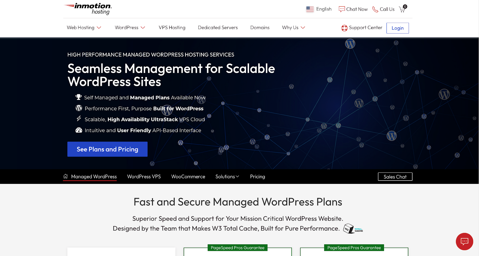 Inmotion hosting homepage with the text "seamless management for scalable WordPress sites"