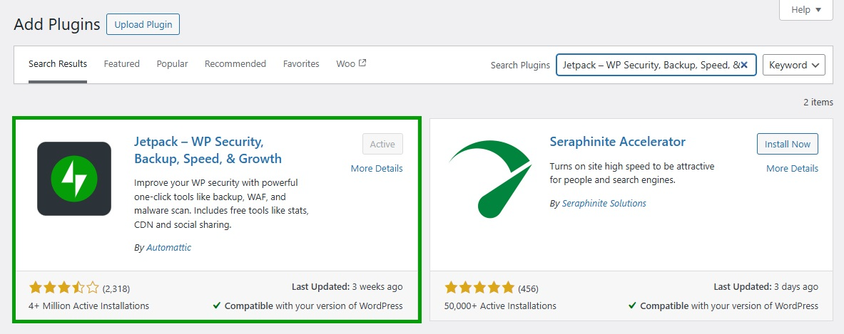 Jetpack plugin highlighted in the WordPress dashboard