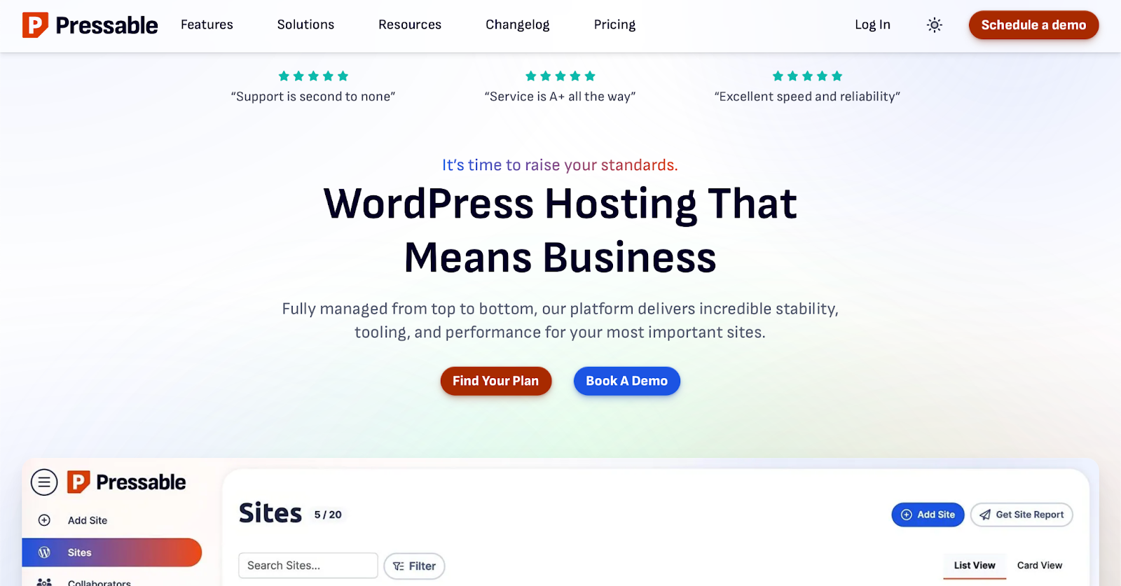 Pressable homepage with the text "WordPress hosting that means business"