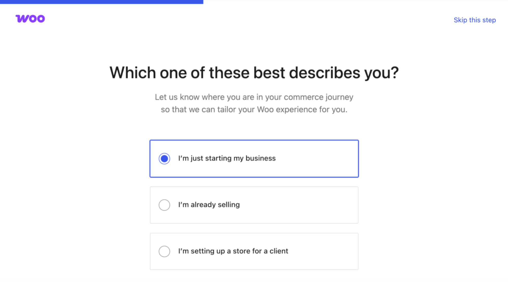 Woocommerce setup wizard with a title/question, paragraph text, and a series of radio buttons to select state of business.