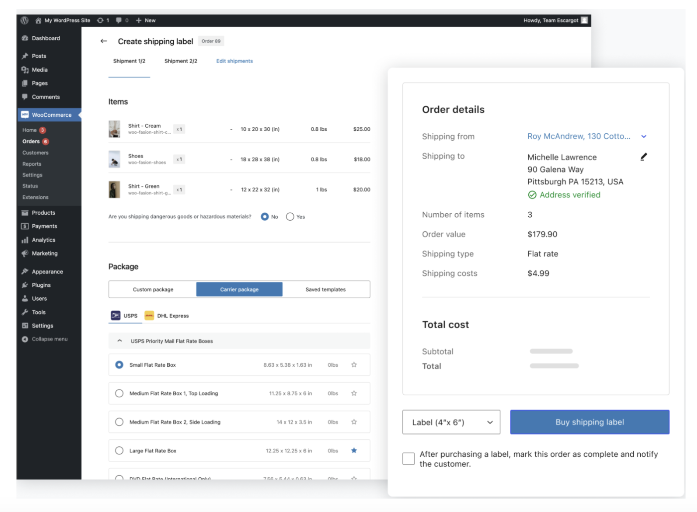 Woocommerce orders screen from within the WordPress admin dashboard showing shipping label options.