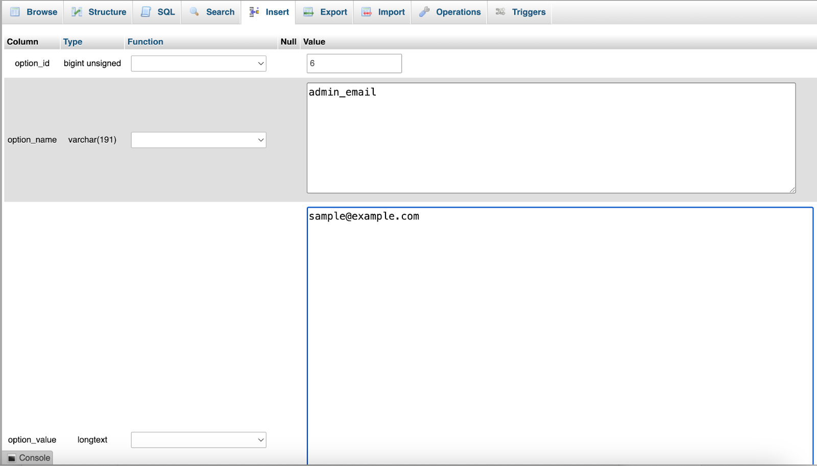The admin email option field as seen in the WordPress database using phpmyadmin.